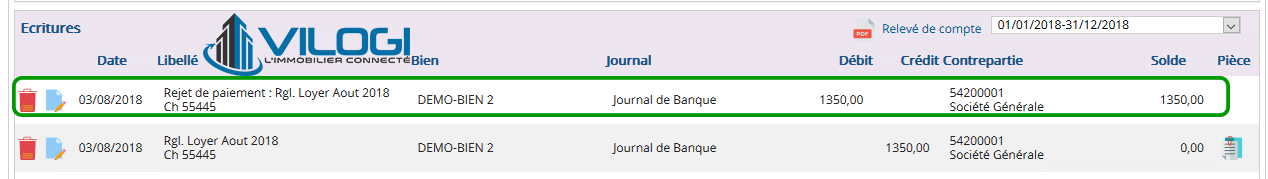 Le compte du locataire après l enregistrement du rejet du règlement Le compte du locataire après l enregistrement du rejet du règlement